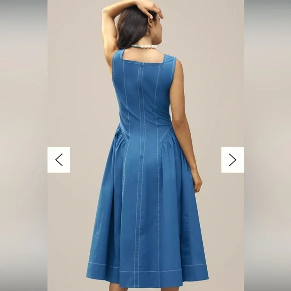 Anthropologie high-neck seamed midi dress bright blue size xs